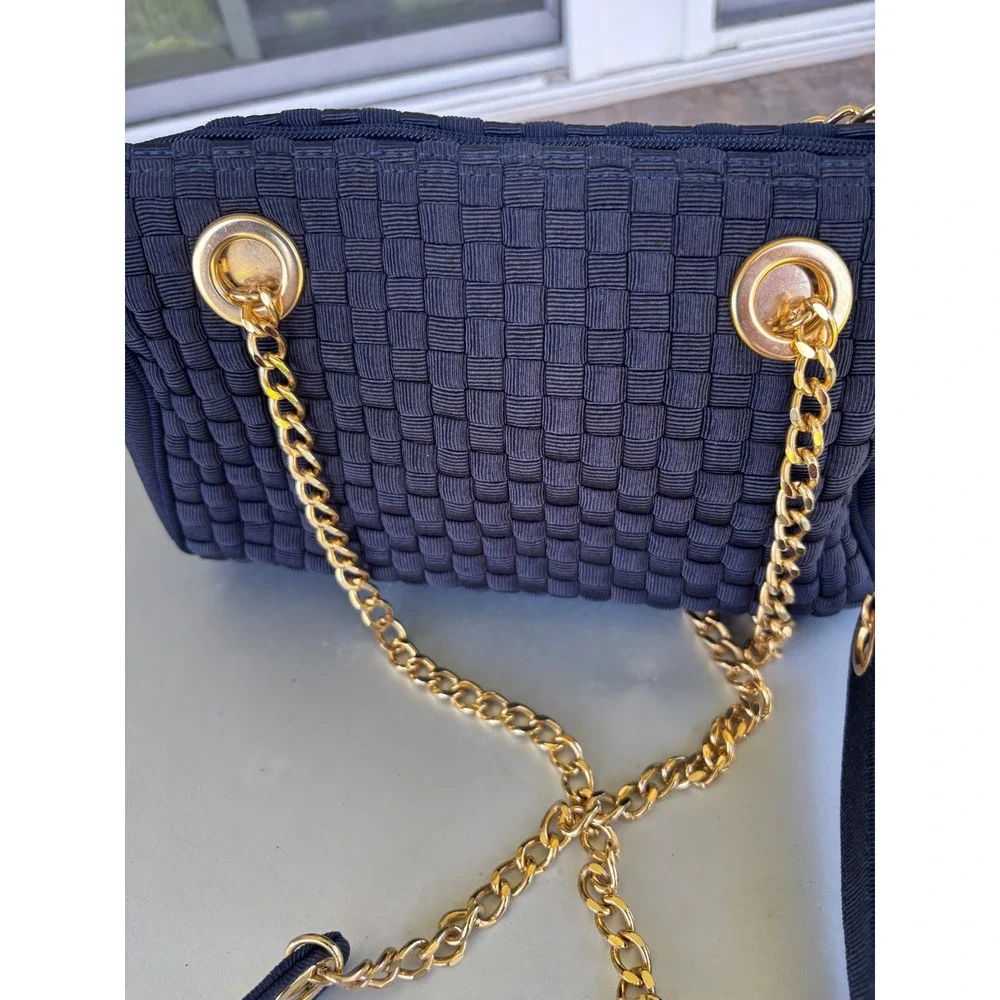Inge Christopher Navy Blue Woven Ribbon Shoulder Bag Gold Chain Strap